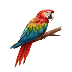 Fototapeta premium A vibrant parrot perched on a branch, showcasing its colorful feathers in shades of red, yellow, and green against a white background.