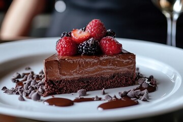 Decadent chocolate mousse cake, topped with fresh raspberries, strawberries, and blackberries. Perfect for menus, blogs, or dessert-themed projects.