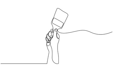 Obraz premium Paint brushes continuous one line drawing. Isolated on white background vector illustration, Continuous one line drawing of human hand holds paint brushes with paint can, floor painting.