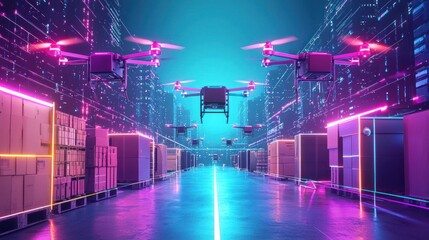 Fototapeta premium Futuristic drone delivery system in a neon-lit warehouse.