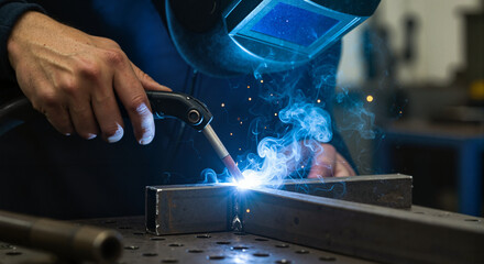 Welder working on metal with welding torch