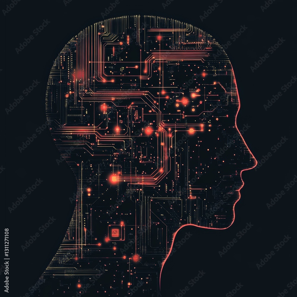 Poster profile of artificial intelligence with circuit patterns and glow effect