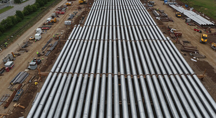 Large metal pipes in rows, industrial theme, construction site background, copy space
