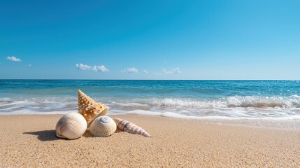 Seashells on sandy beach, ocean waves, blue sky.