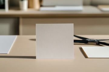 Blank square paper stands prominently on minimalist workspace wi