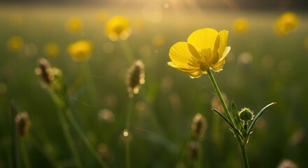 Yellow Buttercup Flower Blooming in Field with Warm Sunlight Glow