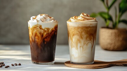 Two iced coffees with whipped cream, sprinkled with cinnamon. Perfect for menus, blogs, or articles about coffee drinks.