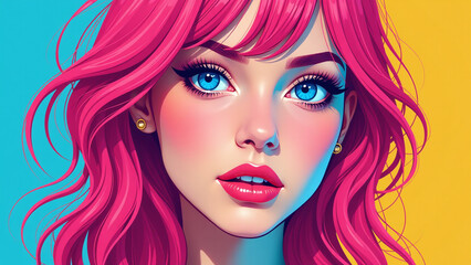 Obraz premium young woman pink hair blue eyes vibrant pop art style digital