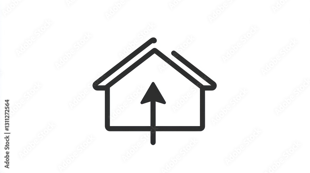 Poster simple house icon with upward arrow, suggesting home upload or sharing. possible use for web design,