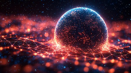 Obraz premium Abstract digital sphere with glowing particles, set against a cosmic background of connections