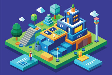 Obraz premium A vibrant isometric landscape features geometric buildings, trees, and a person exploring the customizable design, Personalization Customizable Isometric Illustration