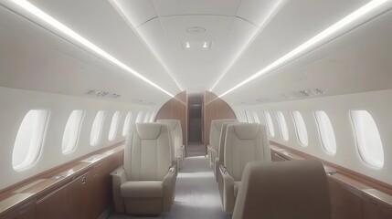 Fototapeta premium Luxurious interior of a private jet featuring spacious seating and ambient lighting, showcasing elegance