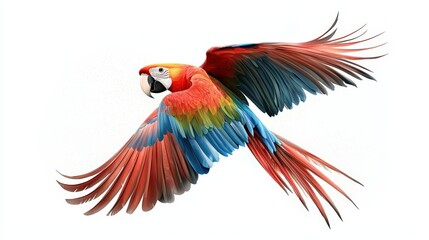 Obraz premium A vibrant parrot in mid-flight showcasing its stunning red, blue, and green plumage against a white background.