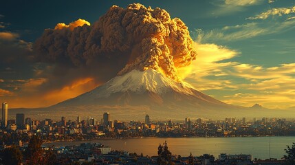 Volcanic Eruption Over Cityscape at Sunset