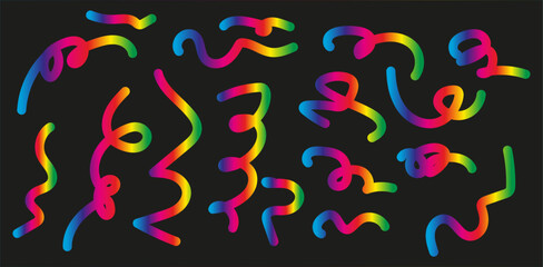 Fototapeta premium Colorful abstract wavy lines doodles with rainbow gradient on black background. Modern digital art pattern for design and decoration