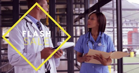Discussing patient files, medical professionals in hospital with Flash Sale animation - Powered by Adobe
