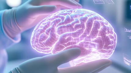 A Vivid Holographic Brain Held By Gloved Hands