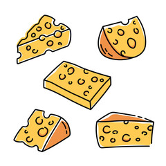 Set of hard yellow cheese with holes in doodle style hand drawn. Elements for restaurant menu, poster
