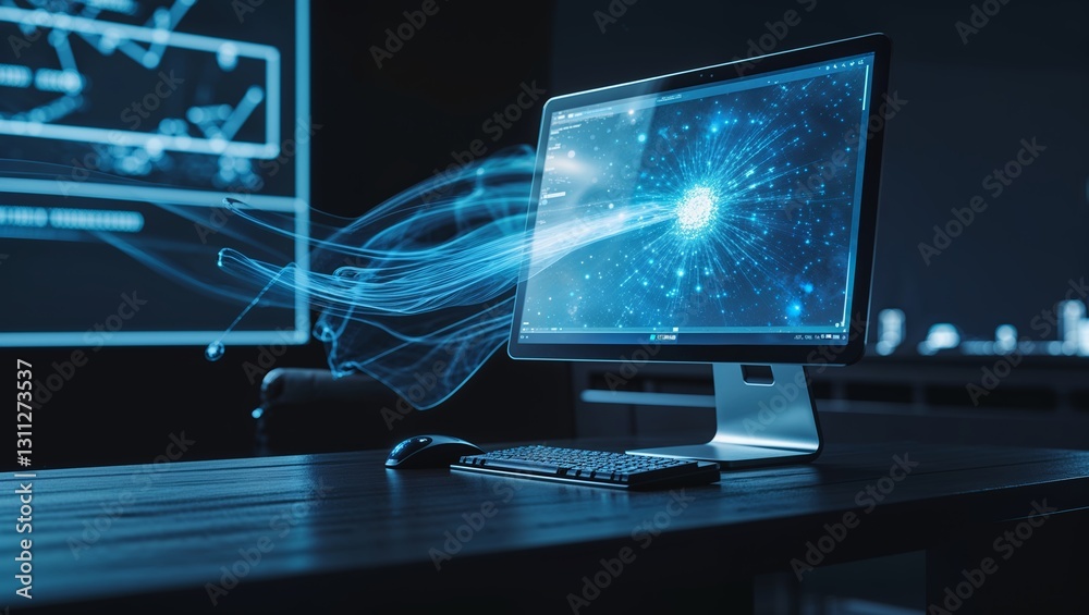 Poster high-tech workspace with glowing visual effects and data analysis on screen during evening hours