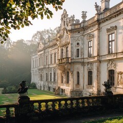 Obraz premium Sunlit Baroque palace with ornate facade, garden, and balustrade.