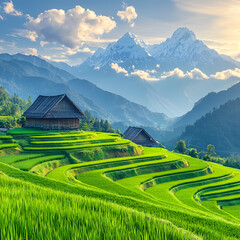 Fototapeta premium A picturesque landscape featuring terraced rice fields with lush greenery, traditional houses, and majestic mountains under a bright sky.