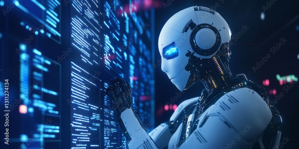 Poster futuristic robot analyzing data on a digital screen in a high-tech environment