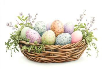 A neatly arranged Easter basket featuring eggs in bright spring colors, warm wooden textures, soft pastel tones, and a pure white backdrop
