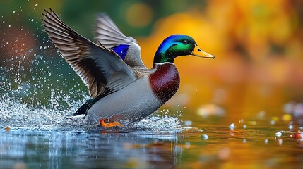 Obraz premium Vibrant mallard duck splashing in a serene pond surrounded by autumn foliage