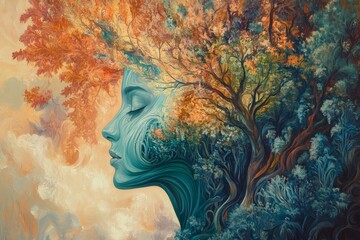 Serene Nature Portrait with Tree and Facial Elements in Harmony