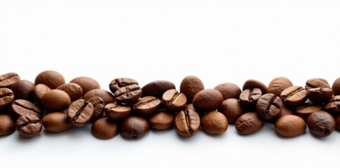 Naklejka premium Light roasted coffee beans create wide border on white , close-up, wide
