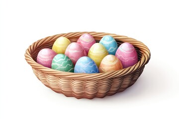 A neatly arranged wicker basket with vividly painted Easter eggs in pink, blue, yellow, and green, ultra-realistic shadows, isolated on white