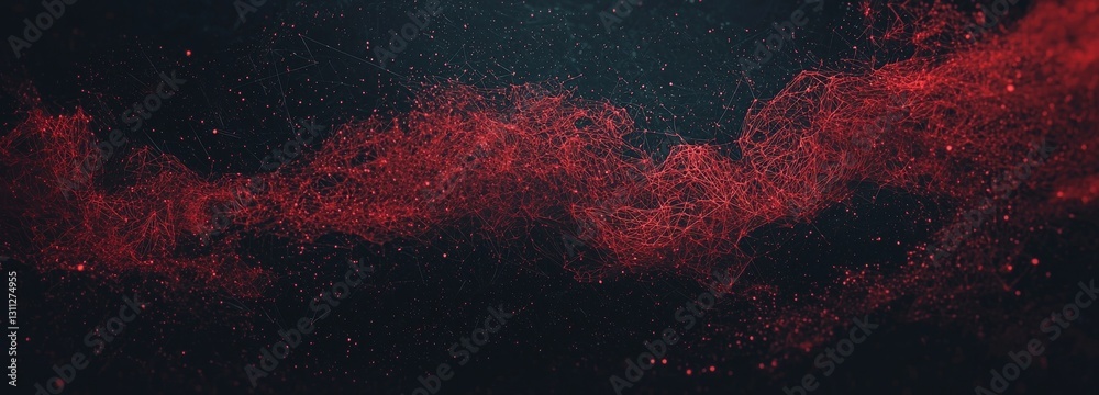 Poster a red abstract polygonal space is set against a dark background, where a complex structure of interc