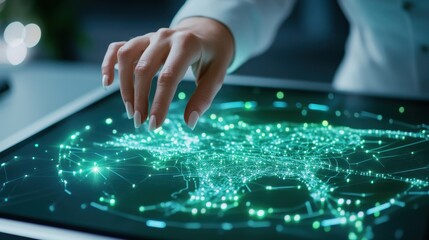 Naklejka premium Finger Tracing Glowing Green Digital World Map Screen