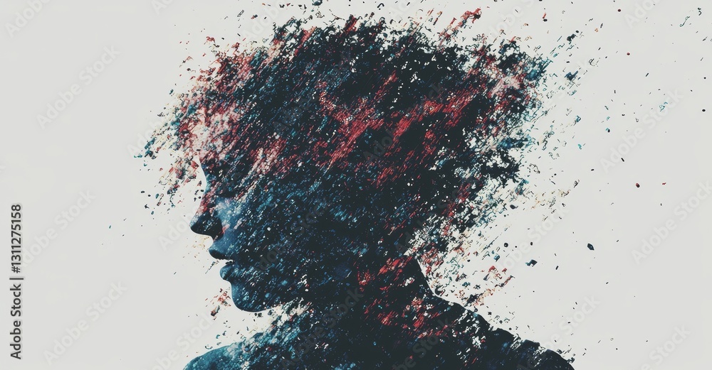 Poster a digital representation of a human face in abstract form, symbolizing big data or cyber security th