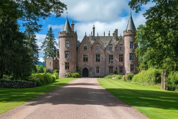 Scottish castle with turrets rising majestically on a sunny day