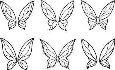 Obraz premium set of fairy wings line art, black outline, vector and illustration, coloring book page line art drawing