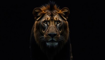 Obraz premium Solitary male lion, stark black backdrop Intense gaze , wild, mammal, safari