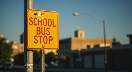 Yellow School Bus Stop Sign on Pole in Urban Setting