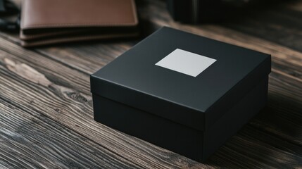 Elegant black box with blank label rests on rustic wooden surfac