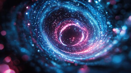 A glowing abstract spiral galaxy with radiant colorful particles