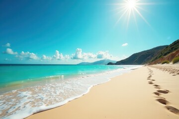 Sun-kissed sand, turquoise waves gently lapping shore, warm, bright