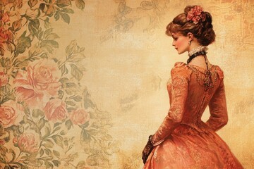 Elegant woman in vintage dress with floral background artwork
