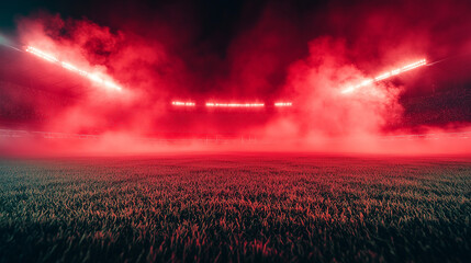 Red smoke and green grass in football or soccer stadion, background for sport commercials
