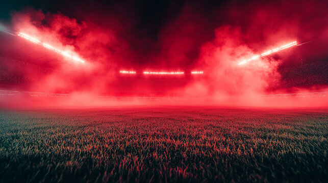 Fototapeta Red smoke and green grass in football or soccer stadion, background for sport commercials 
