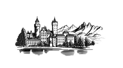 Obraz premium Intricate engraved castle design surrounded by majestic mountains and serene waters for tattoo and packaging inspiration