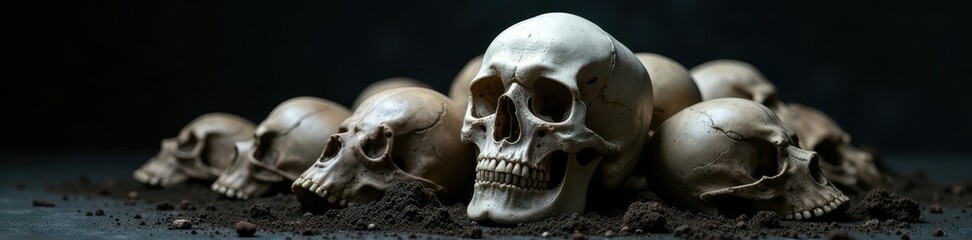 A macabre pile of human skulls, stark white against a dark background , texture, abstract