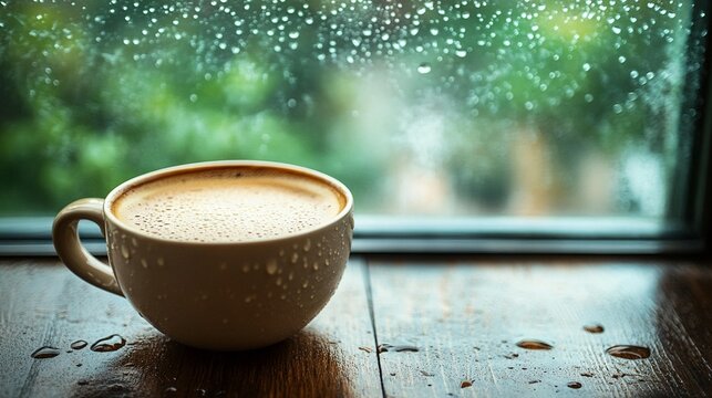 Rainy Day Coffee: Warm Drink, Cozy View - Powered by Adobe