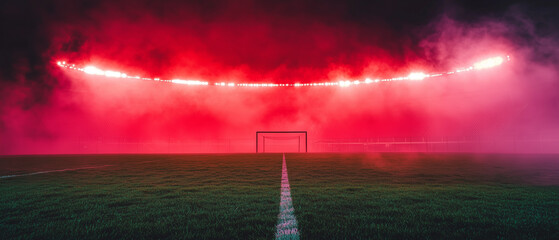 Red smoke and green grass in football or soccer stadion, background for sport commercials
