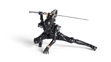 3d render of sci-fi female cyborg assassin wears shiny black metal armor, helmet, high heels, jetpack, holding a katana sword in one hand in a dynamic ninja fighting strike stance on white background.