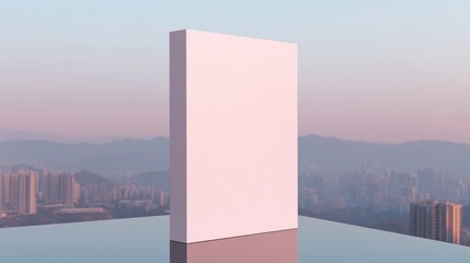 Blank canvas on reflective surface, surrounded by serene citysca